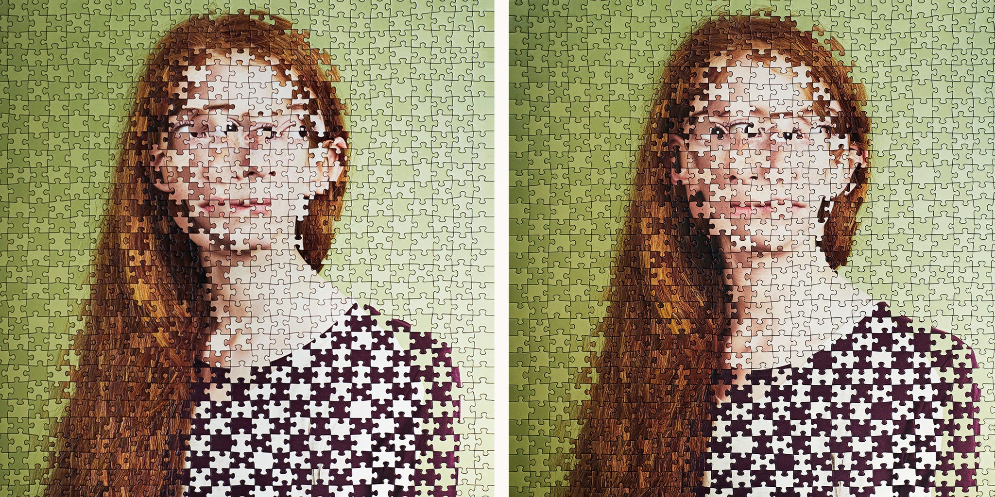 A puzzle piece effect portrait of a woman with long red hair on a green background. A puzzle piece effect portrait of a woman with long red hair on a green background.