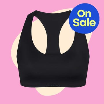Black sports bra on the left and light blue crop top with shorts on the right, promotional text indicating a sale.