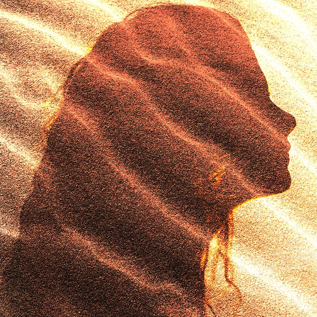 Silhouette of a profile against a textured background with waves of color and light.