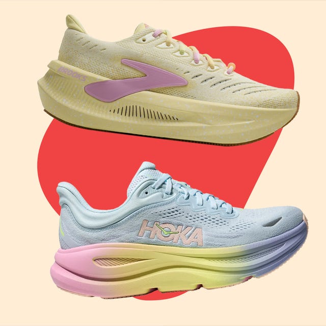 Two colorful running shoes on a pastel background, featuring yellow and blue designs with playful details.