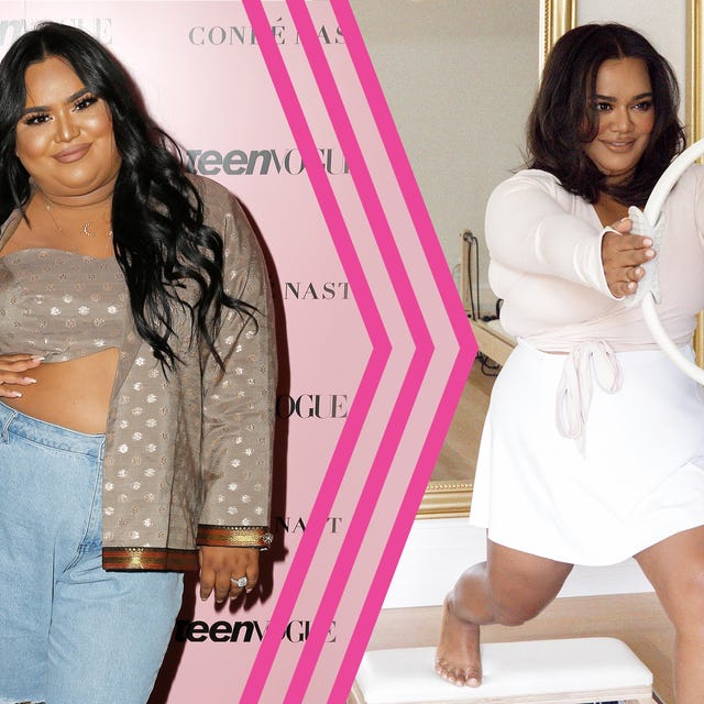 A split image featuring a woman at a fashion event and practicing Pilates with a ring.