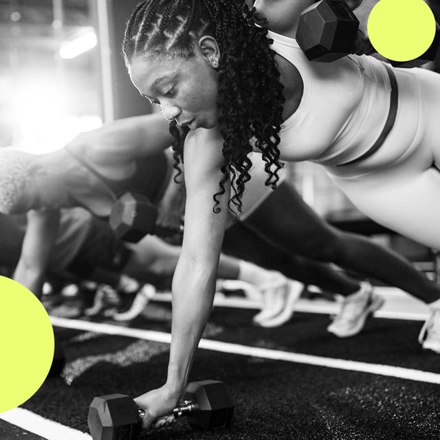 Women engaged in various strength training exercises with dumbbells in a dynamic gym setting.