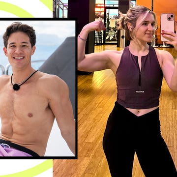 A split image of a young man smiling on a boat and a young woman flexing her arm in a gym setting.