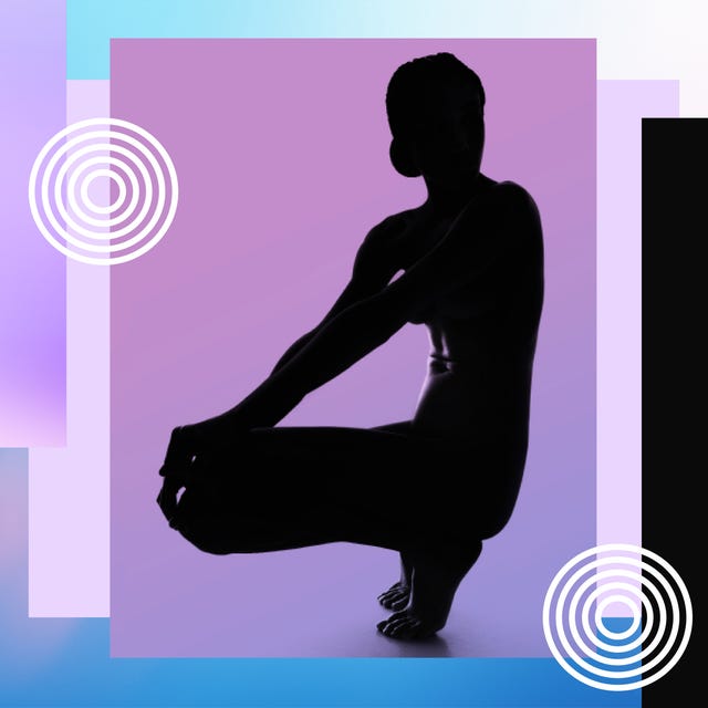 Silhouette of a person in a seated pose with abstract geometric shapes in a vibrant background.