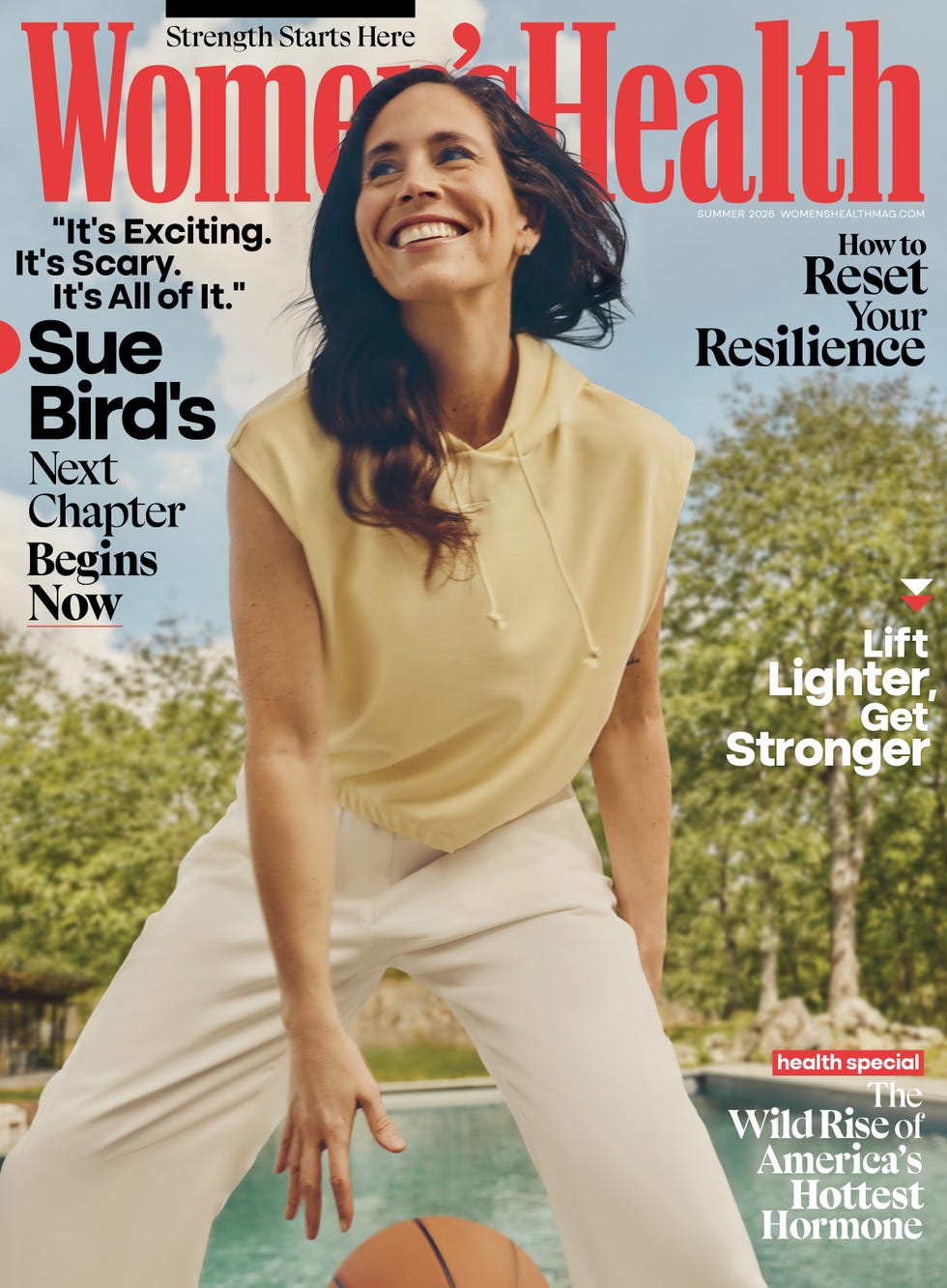 Woman smiling outdoors with basketball, Women's Health magazine cover.