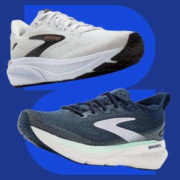 Two pairs of Brooks running shoes, one white and one navy, on a blue background.