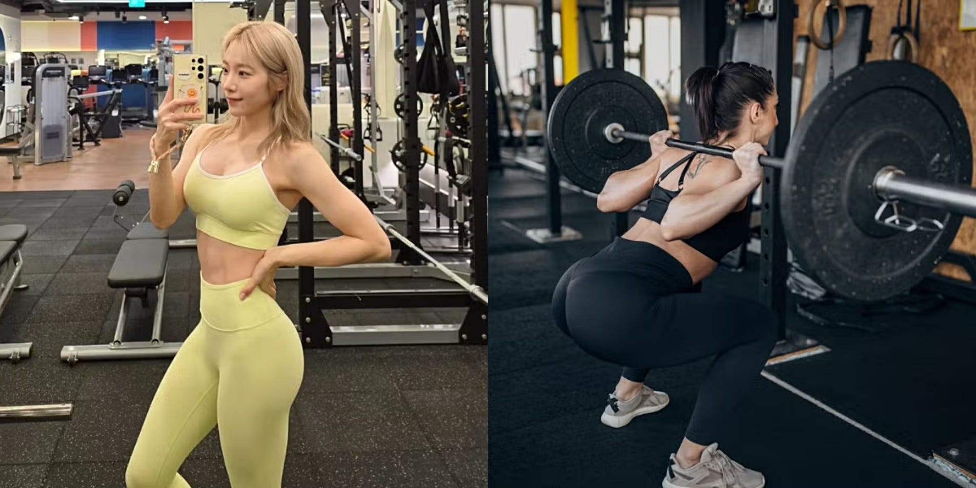 5個「增肌減脂」最佳訓練動作 two women working out in a gym; one taking a selfie, the other performing a squat with weights.