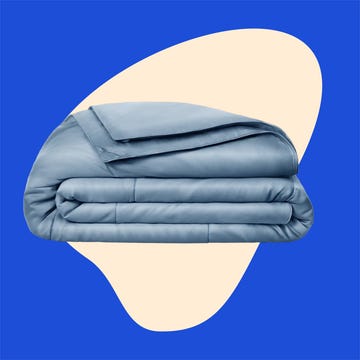Two types of blankets: a folded blue blanket on the left and a green quilt on a bed with pillows on the right.