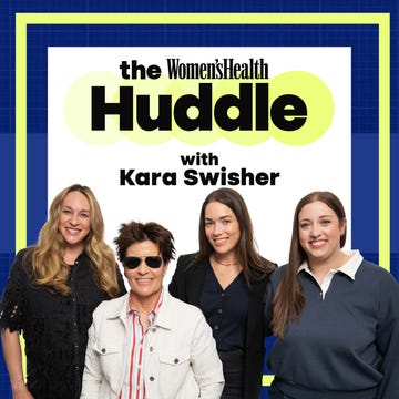 Group of five individuals posing together with a graphic overlay.