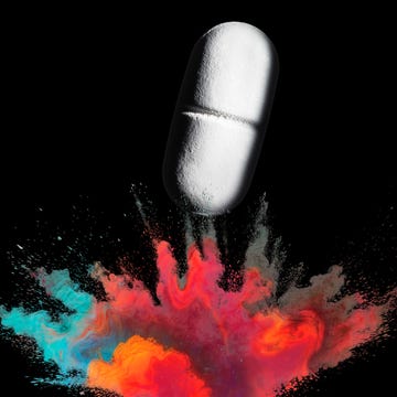 A dynamic illustration of a pill bursting with colorful powder. A dynamic illustration of a pill bursting with colorful powder.