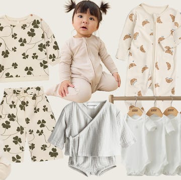 collage of babies in various soft, pastel colored outfits, including bodysuits and pajamas with nature and pastry prints. skin safe baby clothing