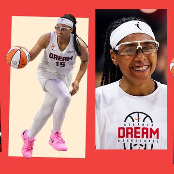Female basketball player wearing glasses and a headband, showcasing various action poses and expressions on a colorful background.