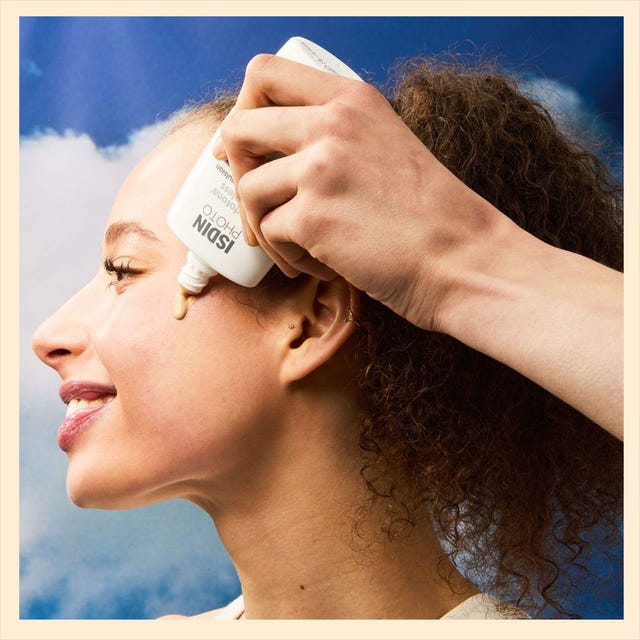 EltaMD UV Clear SPF 46 sunscreen with a model applying it to their face against a blue background.