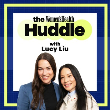 Promotional graphic for a podcast episode titled 'the Huddle' with Lucy Liu.