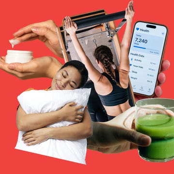 Collage representing health and wellness activities: skincare, exercise, sleep, fitness tracking, and healthy drinks.