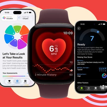 Smartwatch and smartphone displays showing health metrics and assessments against a colorful background. Smartwatch and smartphone displays showing health metrics and assessments against a colorful background.
