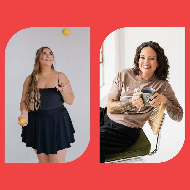 Three women engaged in healthy activities: one juggling fruit, another with a mug, and the last with fresh produce.