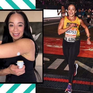 A woman showing her arm with a diabetes device, then smiling while running a marathon in a "Beyond Type 1" shirt.