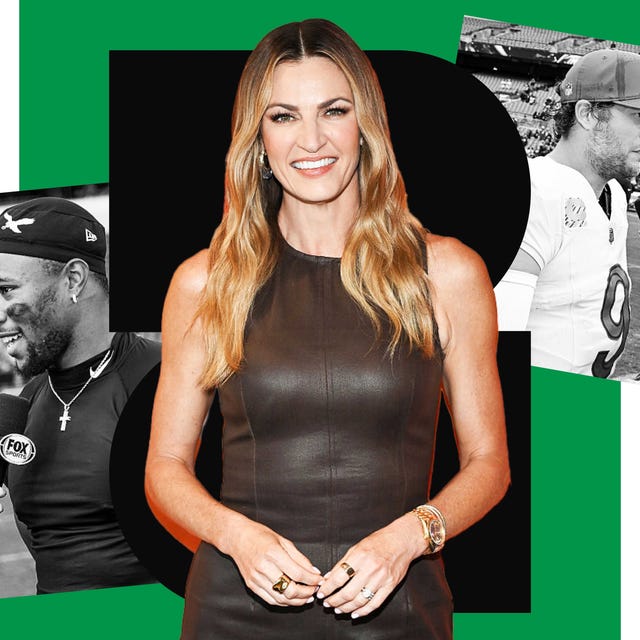A woman in a black dress poses in front of green backgrounds with images of sports interviews.