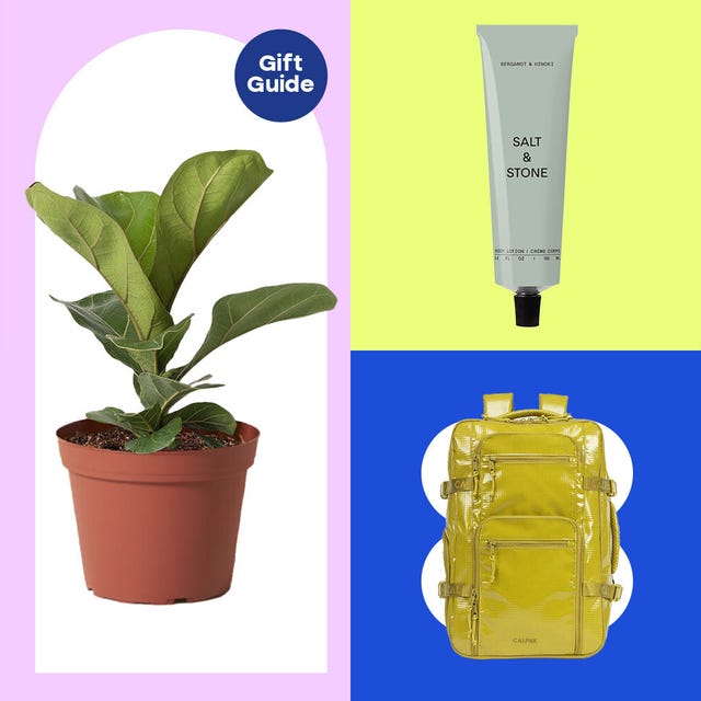 A collection of gift items including a plant, lotion, backpack, and necklace set against colorful backgrounds.