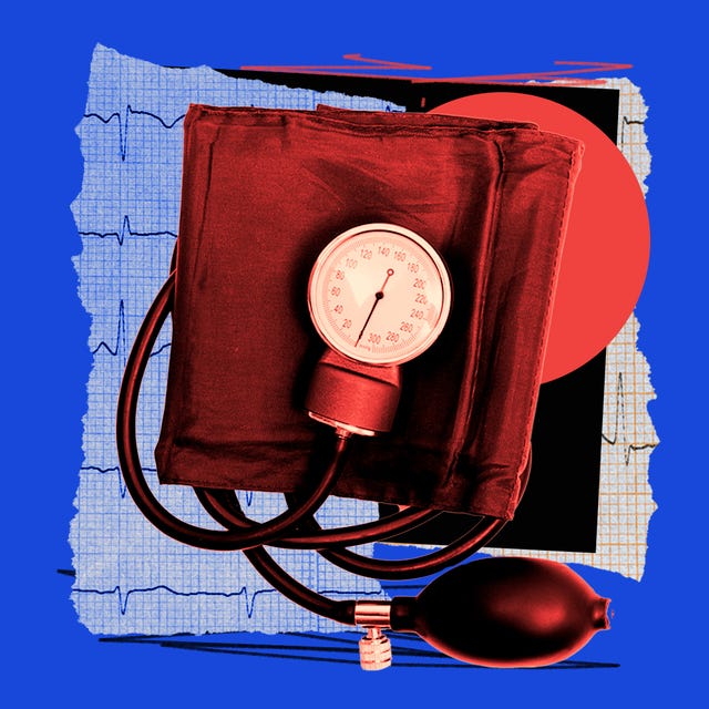 Blood pressure cuff and gauge on a colorful abstract background.
