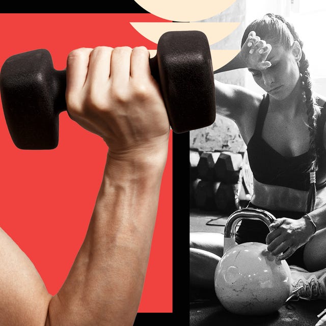 A collage featuring strength training elements including a dumbbell and kettlebell, emphasizing fitness and exercise.