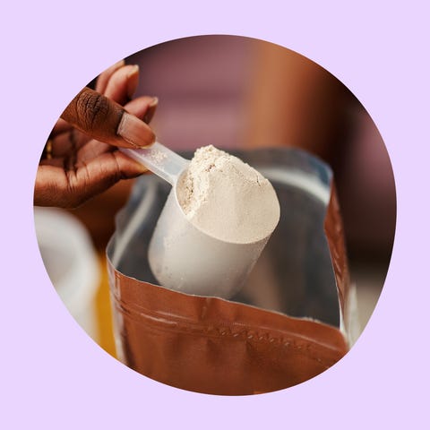 Whey protein isolate container and a scoop of protein powder being measured from a bag. Whey protein isolate container and a scoop of protein powder being measured from a bag.