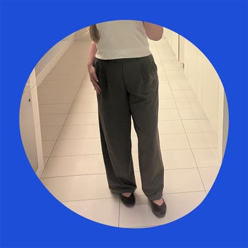 A side-by-side comparison of light and dark wide-leg trousers on different backgrounds.