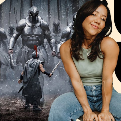 A woman smiling with images of warriors and historical figures in the background, showcasing a blend of modernity and tradition.