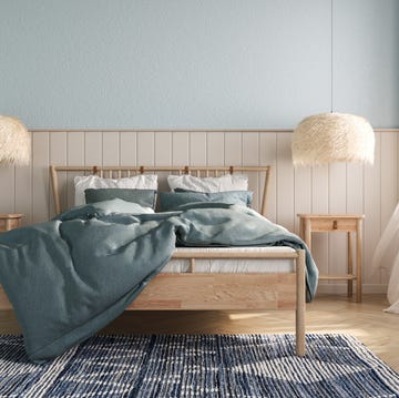 coastal bedroom design with wooden bed furniture, blue walls and wood panelling. interior mockup. 3d rendering. coastal bedroom design with wooden bed furniture, blue walls and wood panelling. interior mockup. 3d rendering.