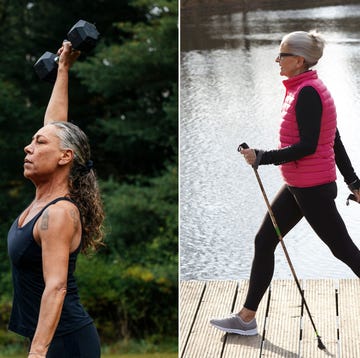 a woman exercising with dumbbells outside (left) and another walking with nordic poles near a lake (right).