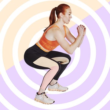 woman doing squat workout on patterned background