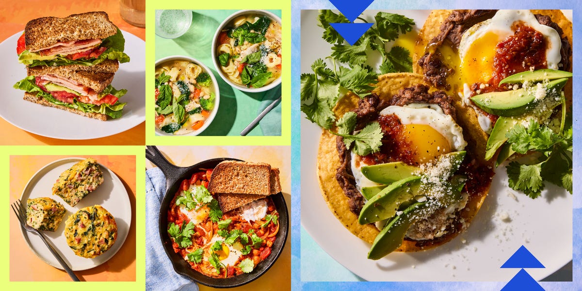 an assortment of dishes featuring sandwiches soups and tacos