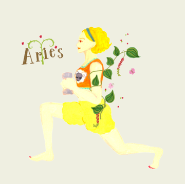 a stylized illustration of a person performing a lunge exercise with floral elements and the text aries