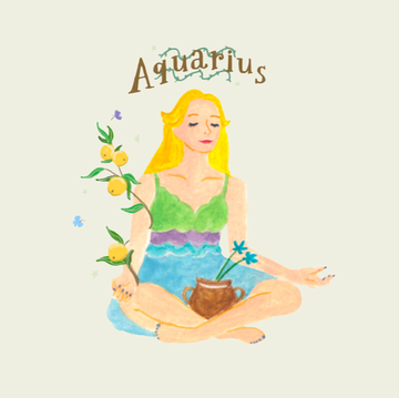 illustration representing the aquarius zodiac sign with a seated woman surrounded by plants