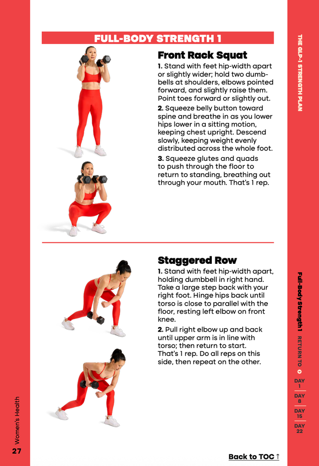 Full-body workout page with exercises: Front Rack Squat and Staggered Row instructions.