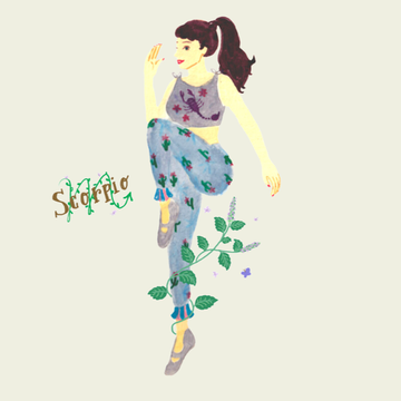 illustration of a woman performing a dance pose adorned with plants