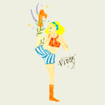 colorful illustration of a figure with leg raised surrounded by flowers and vines