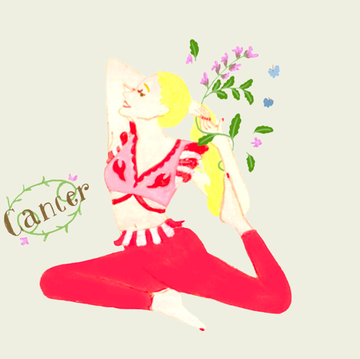 illustration of a woman in a yoga pose with floral elements labeled cancer