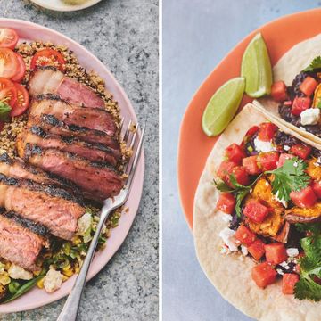 chipotle steak and quinoa bowl beside sweet potato and black bean tacos