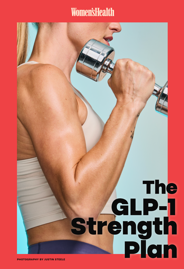 Person lifting a dumbbell, GLP-1 Strength Plan, Women's Health magazine cover.