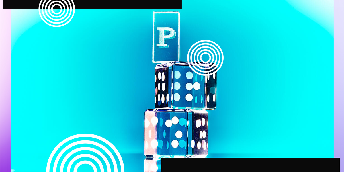 Stack of transparent dice with a letter 'P' on top, set against a vibrant blue background with circular design elements.