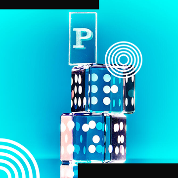 Stack of transparent dice with a letter 'P' on top, set against a vibrant blue background with circular design elements.