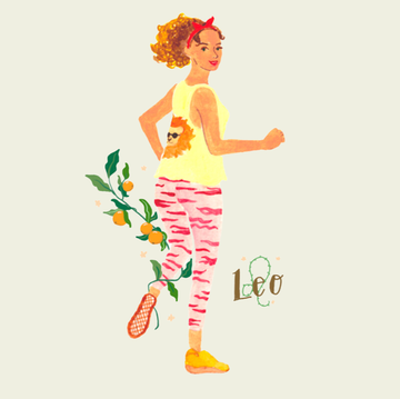 a person jogging with a playful design featuring floral elements and a lion graphic