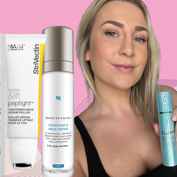 skincare products focused on neck and décolleté care displayed against a colorful background