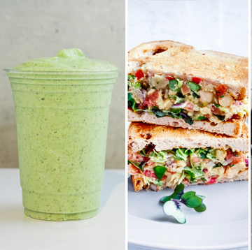 green smoothie, chickpea sandwich, colorful bowl, energy bites