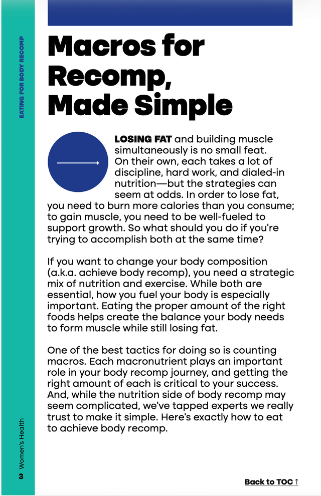 Guide on macronutrients for body recomposition with strategies for losing fat and building muscle.