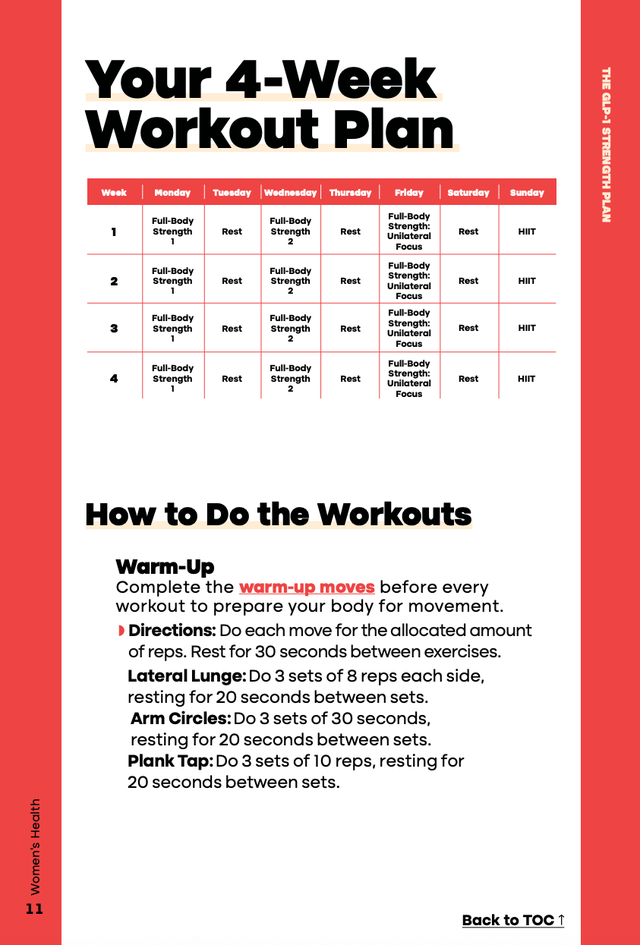 4-week workout plan with full-body strength exercises, rest days, and warm-up instructions.