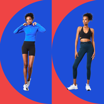 three women wearing athletic outfits against a blue and red background three women wearing athletic outfits against a blue and red background